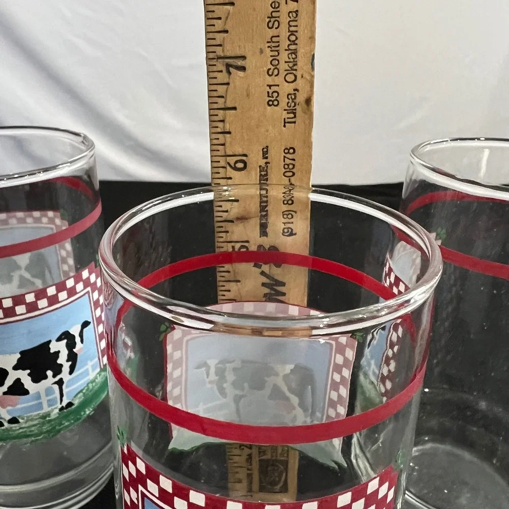 Vintage Farmhouse Cow Drinking Glasses Set of 3 Red Gingham Checkered Glass